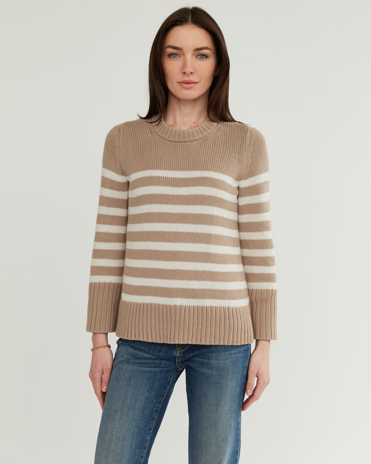 The Kittery Stripe Cotton Bell Sleeve Sweater in camel and ivory, additional view — State of Cotton NYC