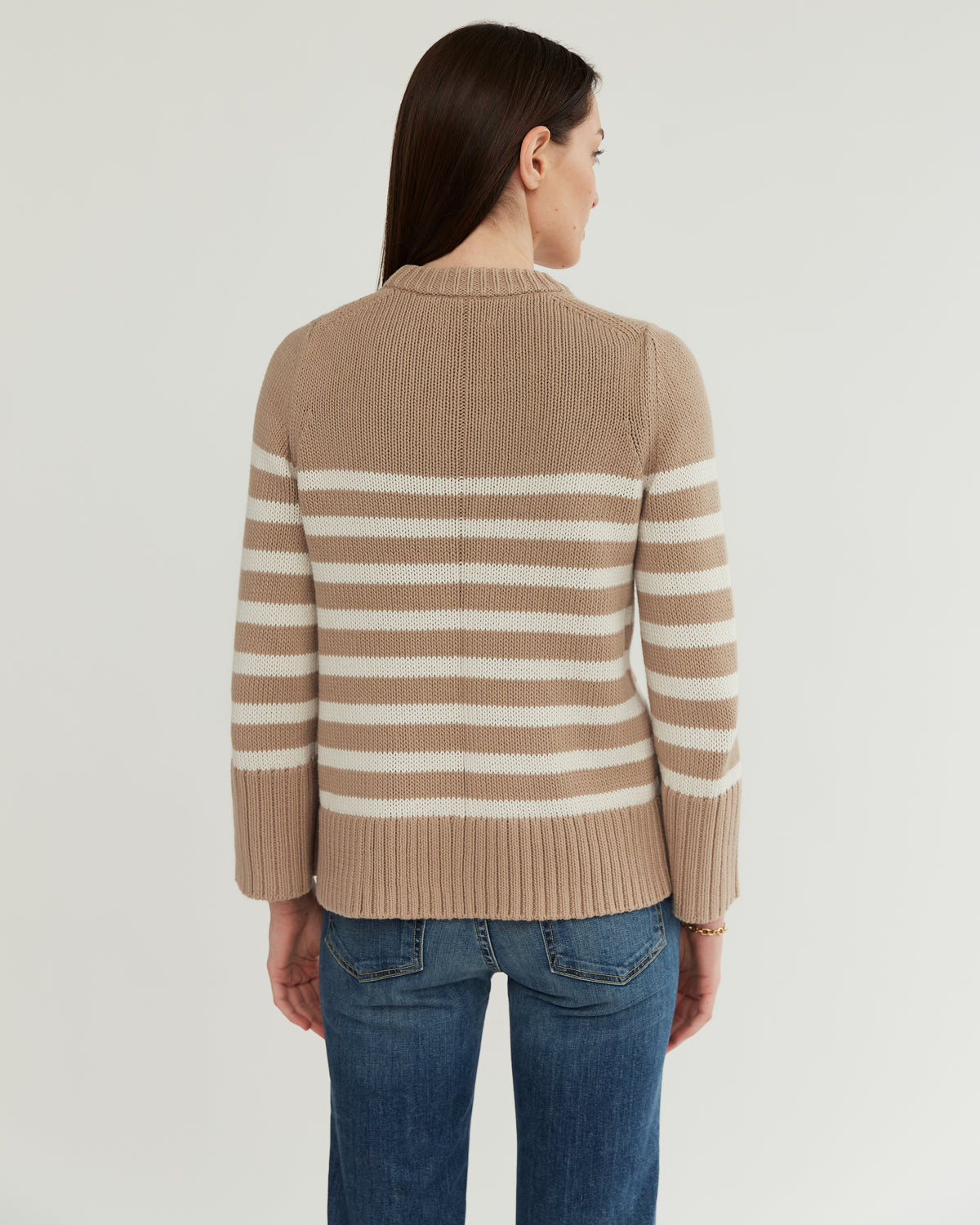 The Kittery Stripe Cotton Bell Sleeve Sweater in camel and ivory, additional view — State of Cotton NYC
