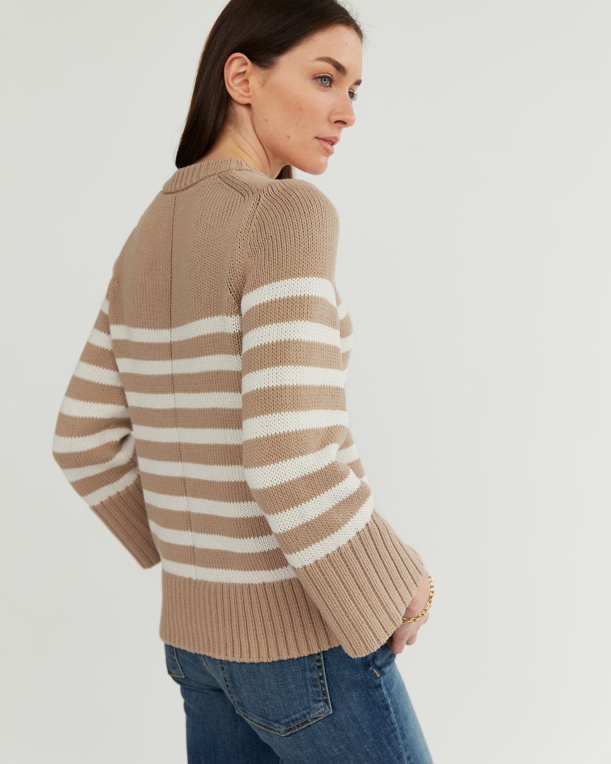 The Kittery Stripe Cotton Bell Sleeve Sweater in camel and ivory, additional view — State of Cotton NYC