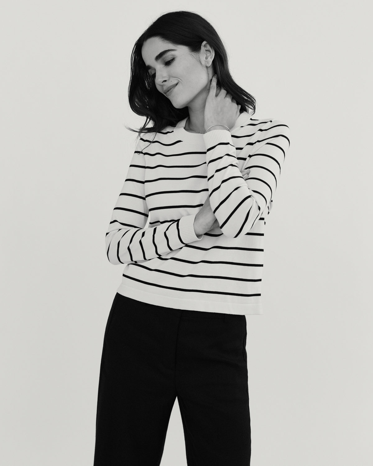 The Devon Stripe Cotton Crewneck Sweater in ivory and black, additional view — State of Cotton NYC