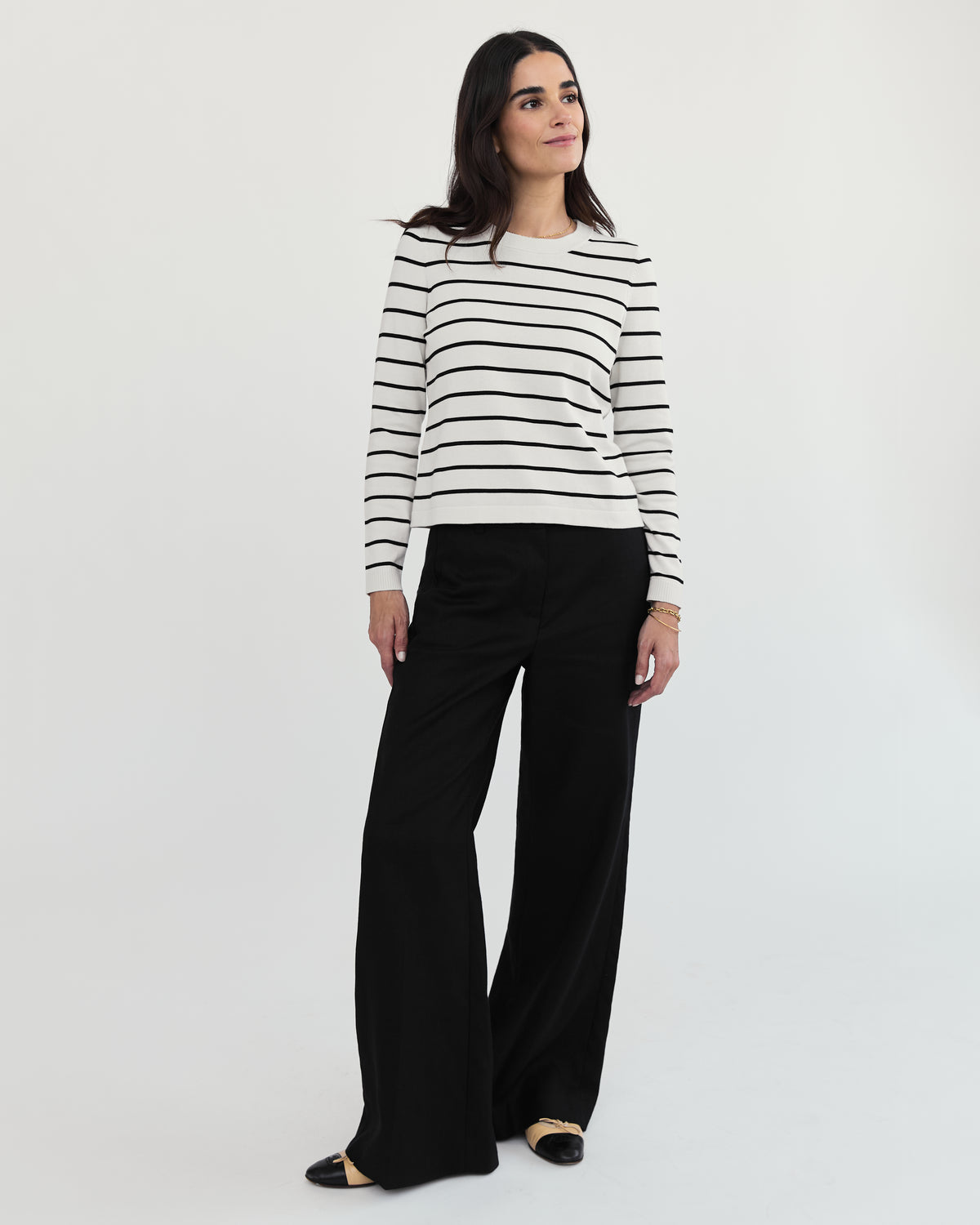 The Devon Stripe Cotton Crewneck Sweater in ivory and black, additional view — State of Cotton NYC
