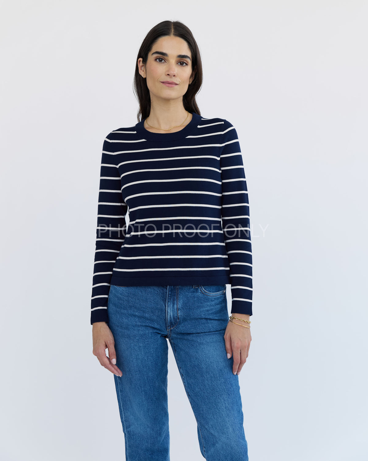 The Devon Stripe Cotton Crewneck Sweater in navy and ivory, additional view — State of Cotton NYC
