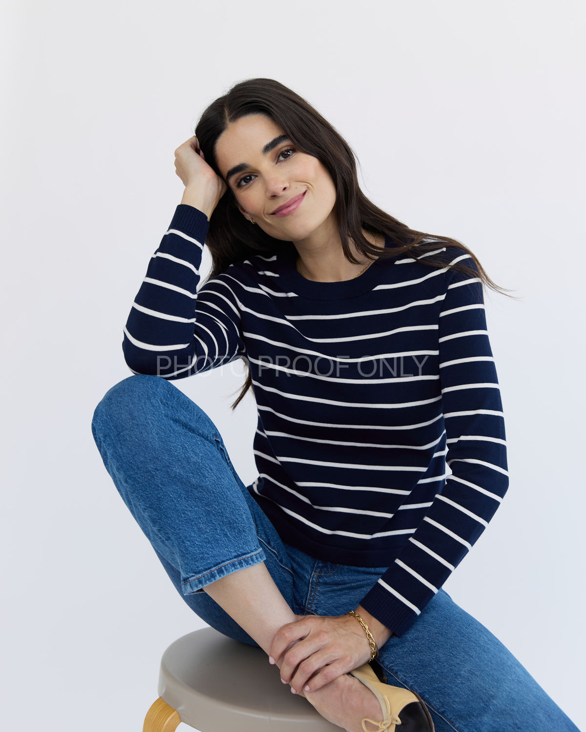 The Devon Stripe Cotton Crewneck Sweater in navy and ivory, additional view — State of Cotton NYC