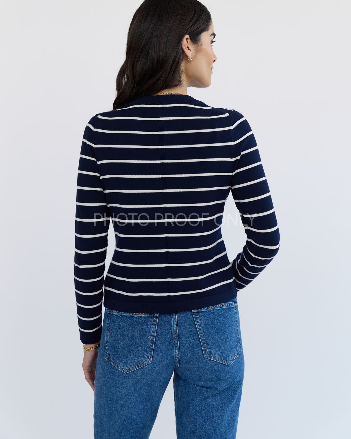 The Devon Stripe Cotton Crewneck Sweater in navy and ivory, additional view — State of Cotton NYC