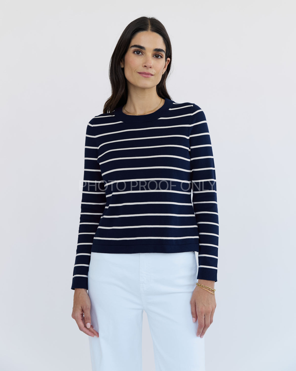 The Devon Stripe Cotton Crewneck Sweater in navy and ivory, additional view — State of Cotton NYC