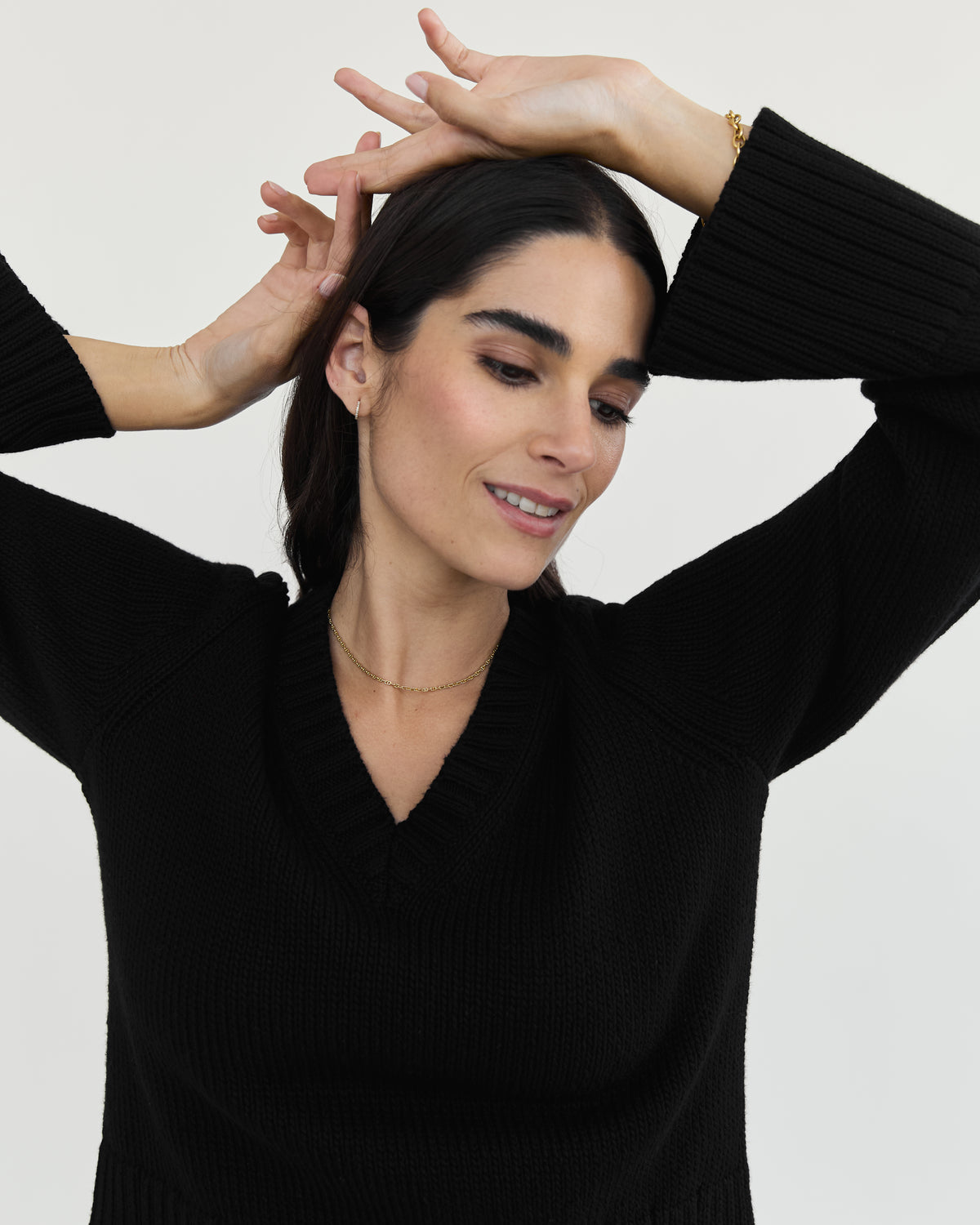 The Easton Cotton V-Neck Sweater in black, additional view — State of Cotton NYC