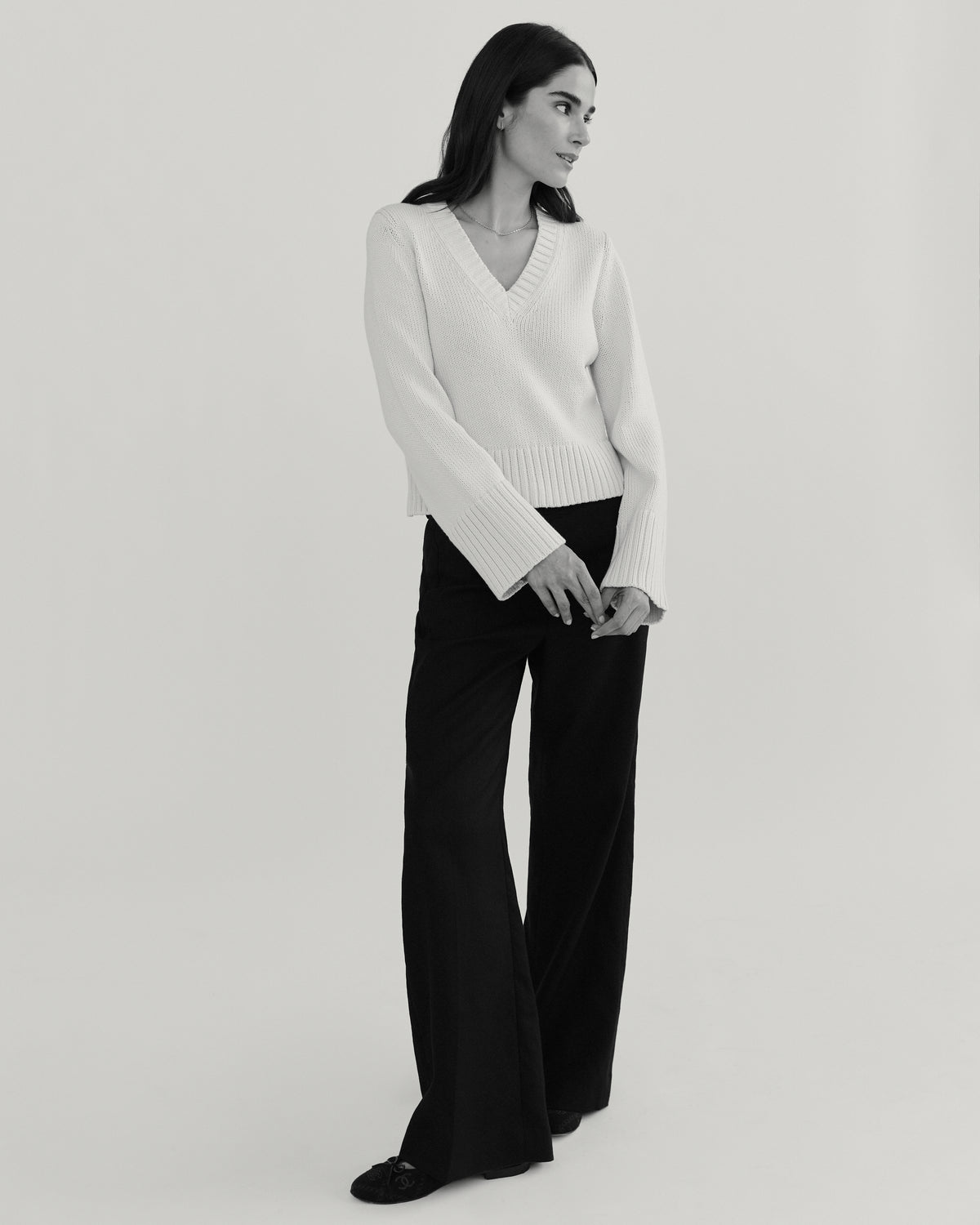 The Easton Cotton V-Neck Sweater in ivory, additional view — State of Cotton NYC