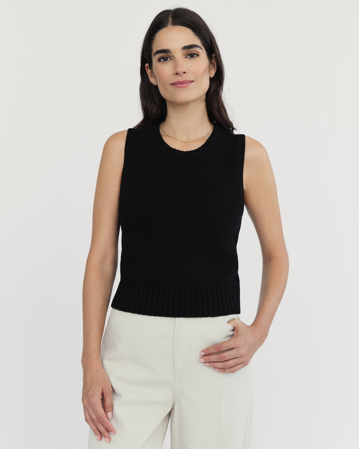 The Hayden Sleeveless Cotton Sweater in black, additional view — State of Cotton NYC