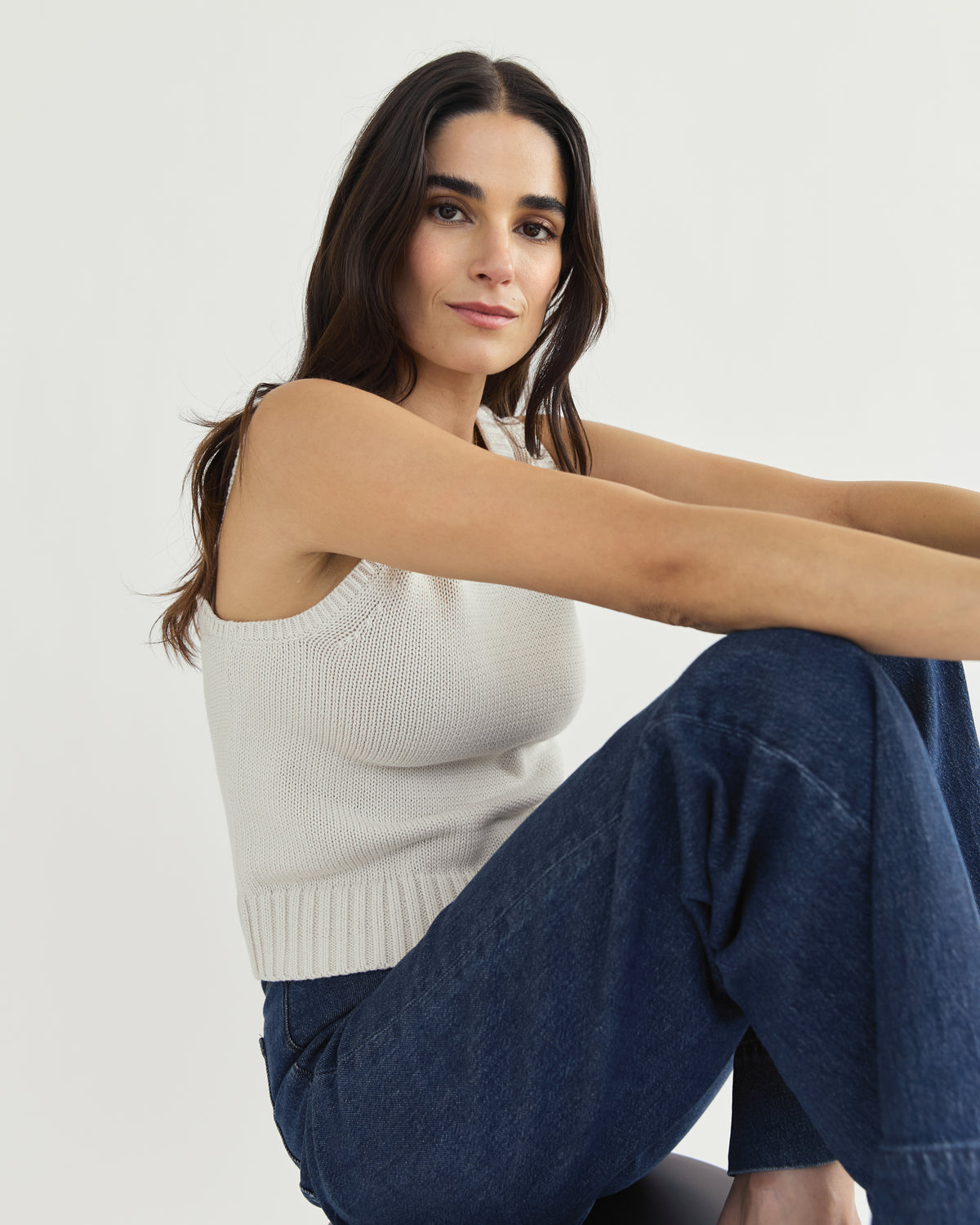 The Hayden Sleeveless Cotton Sweater in ivory, additional view — State of Cotton NYC