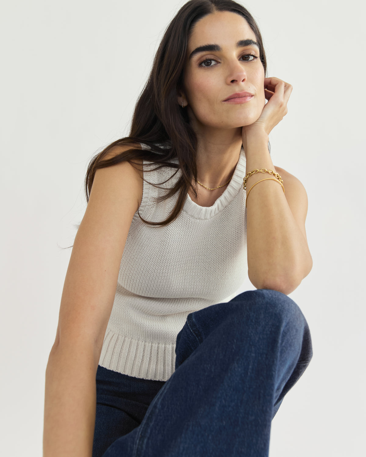 The Hayden Sleeveless Cotton Sweater in ivory, additional view — State of Cotton NYC