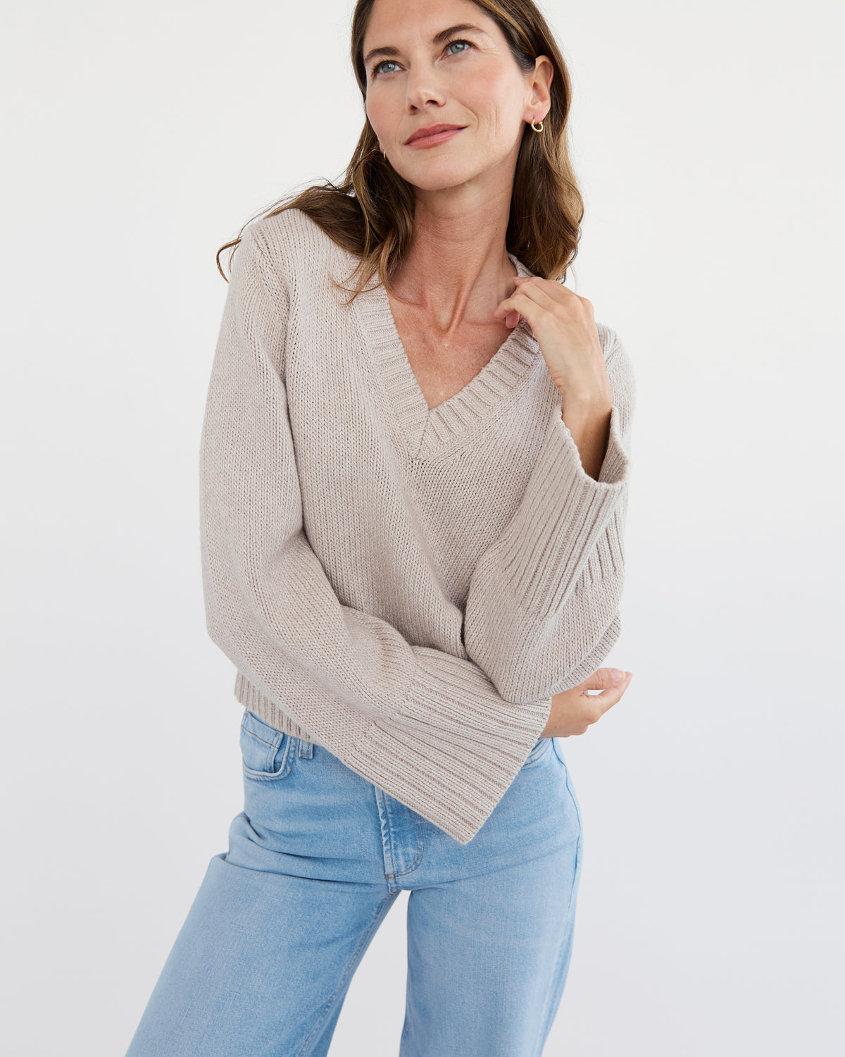 The Easton Cotton V-Neck Sweater in oat heather, additional view — State of Cotton NYC