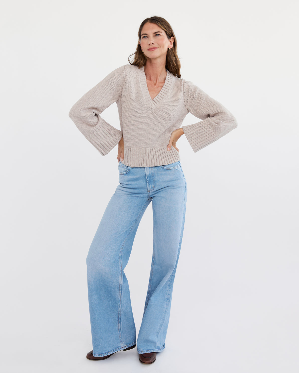 The Easton Cotton V-Neck Sweater in oat heather, additional view — State of Cotton NYC
