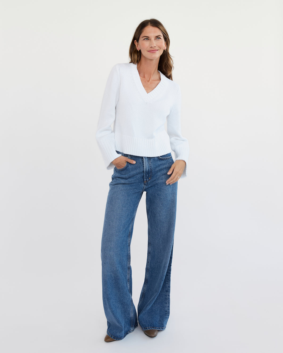 The Easton Cotton V-Neck Sweater in white, additional view — State of Cotton NYC