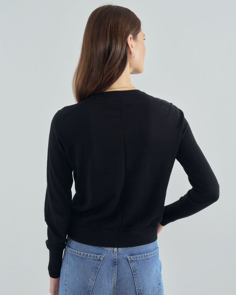 Person wearing a black sweater and blue jeans on a plain background