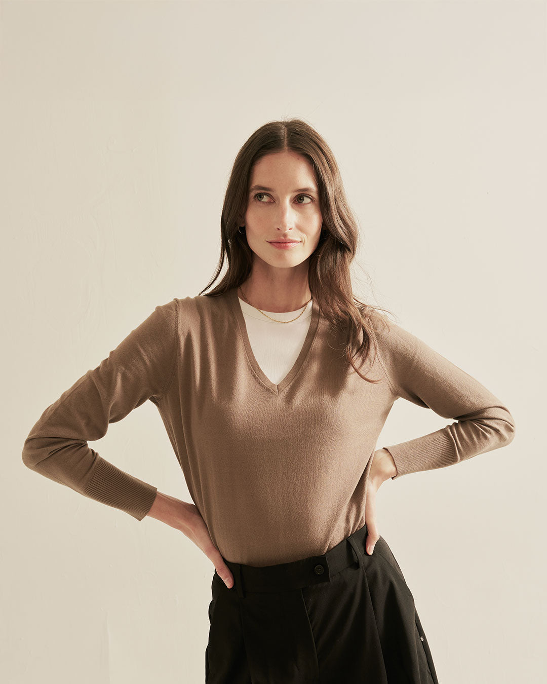 The Claremont Cotton V-Neck Sweater in mocha, mood shot — State of Cotton NYC