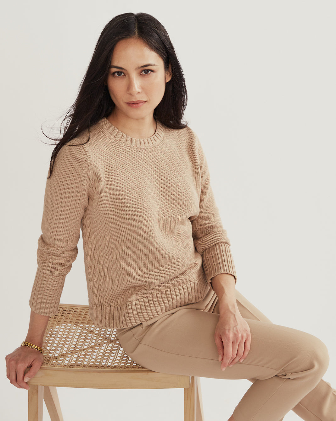 The Addison Cotton Crewneck Sweater in camel, additional view — State of Cotton NYC
