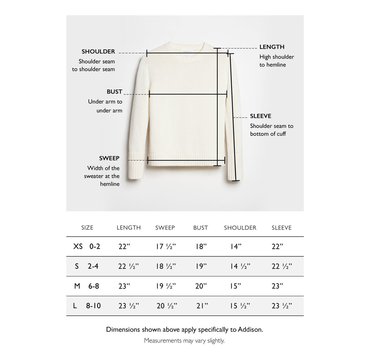 Size chart for The Addison Cotton Crewneck Sweater — State of Cotton NYC