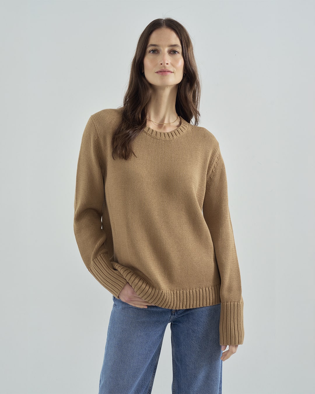 The Addison Cotton Crewneck Sweater in toffee, front view — State of Cotton NYC