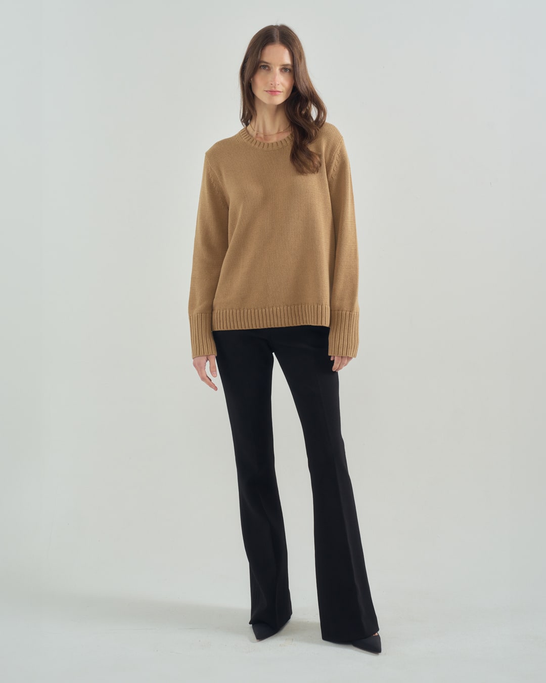 The Addison Cotton Crewneck Sweater in toffee, styled view — State of Cotton NYC