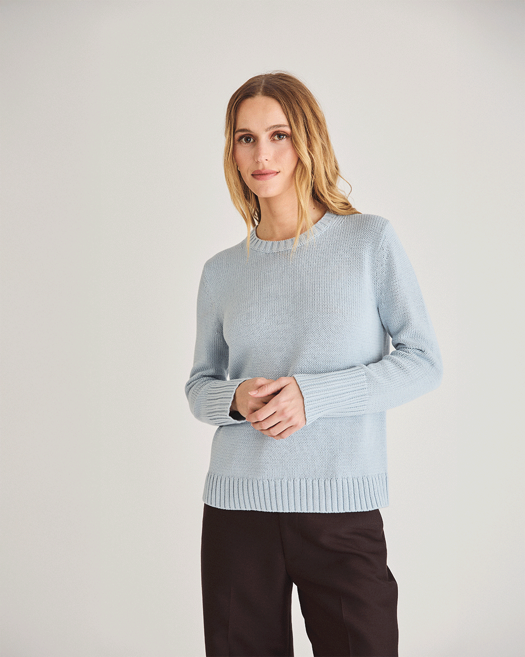 The Addison Cotton Crewneck Sweater in sky, detail — State of Cotton NYC