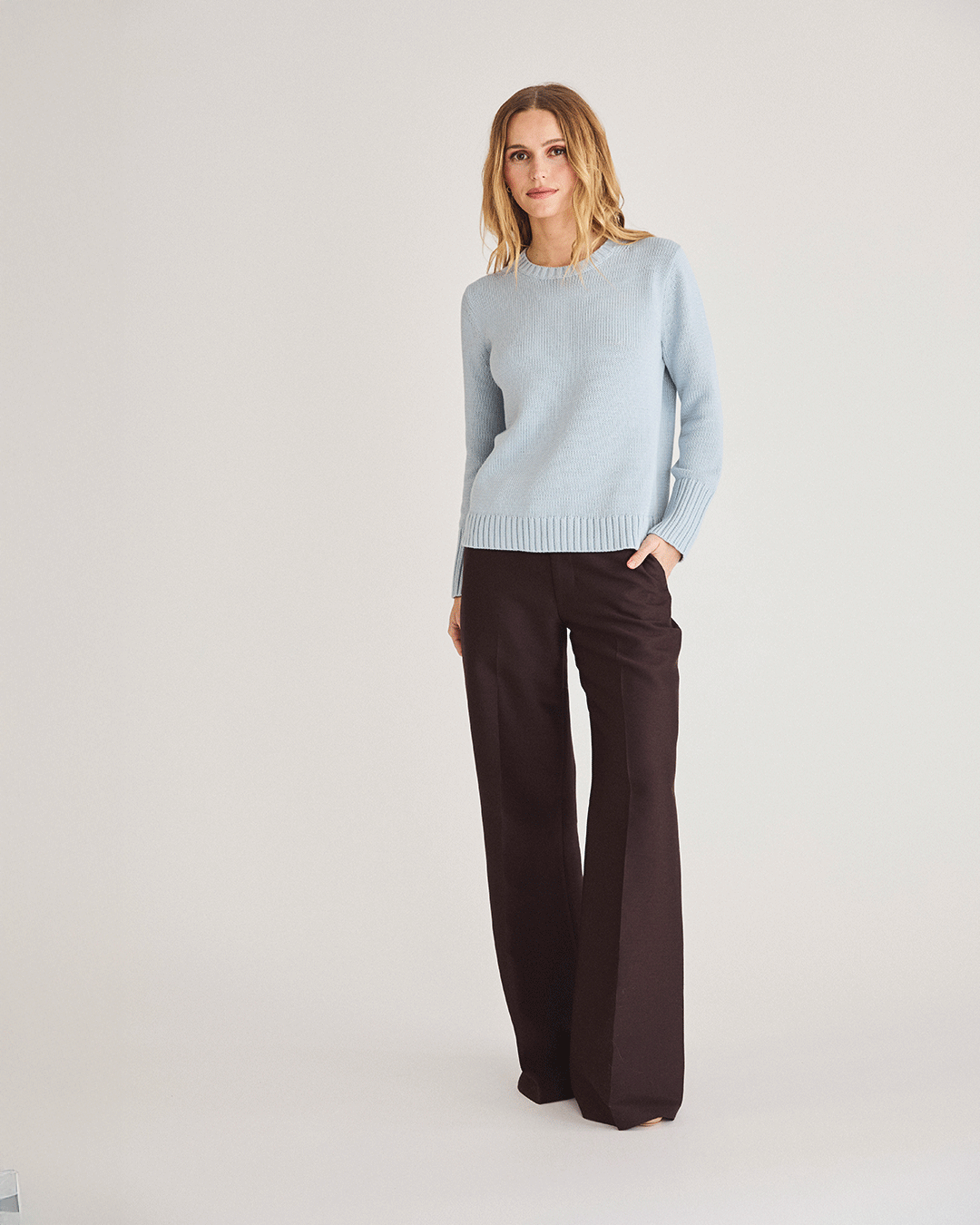 The Addison Cotton Crewneck Sweater in sky, detail — State of Cotton NYC