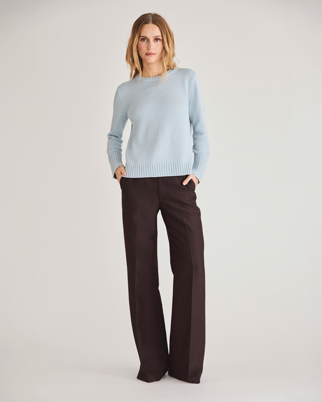 The Addison Cotton Crewneck Sweater in sky, detail — State of Cotton NYC