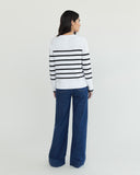The Addison Stripe Cotton Crewneck Sweater in white and navy, alternate view — State of Cotton NYC