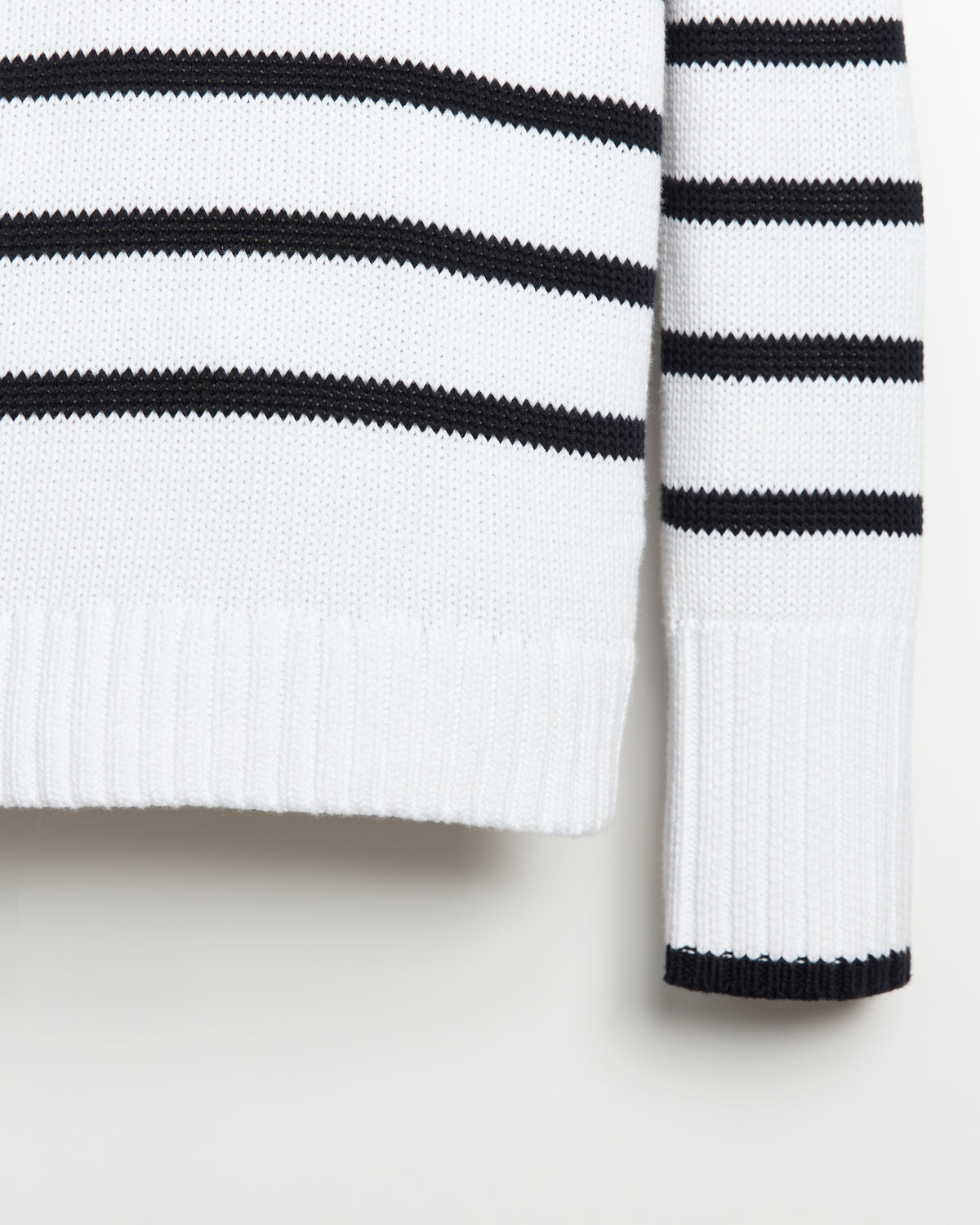 Detail shot of The Addison Stripe Cotton Crewneck Sweater in white and navy — Turkish cotton