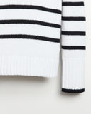 Detail shot of The Addison Stripe Cotton Crewneck Sweater in white and navy — Turkish cotton