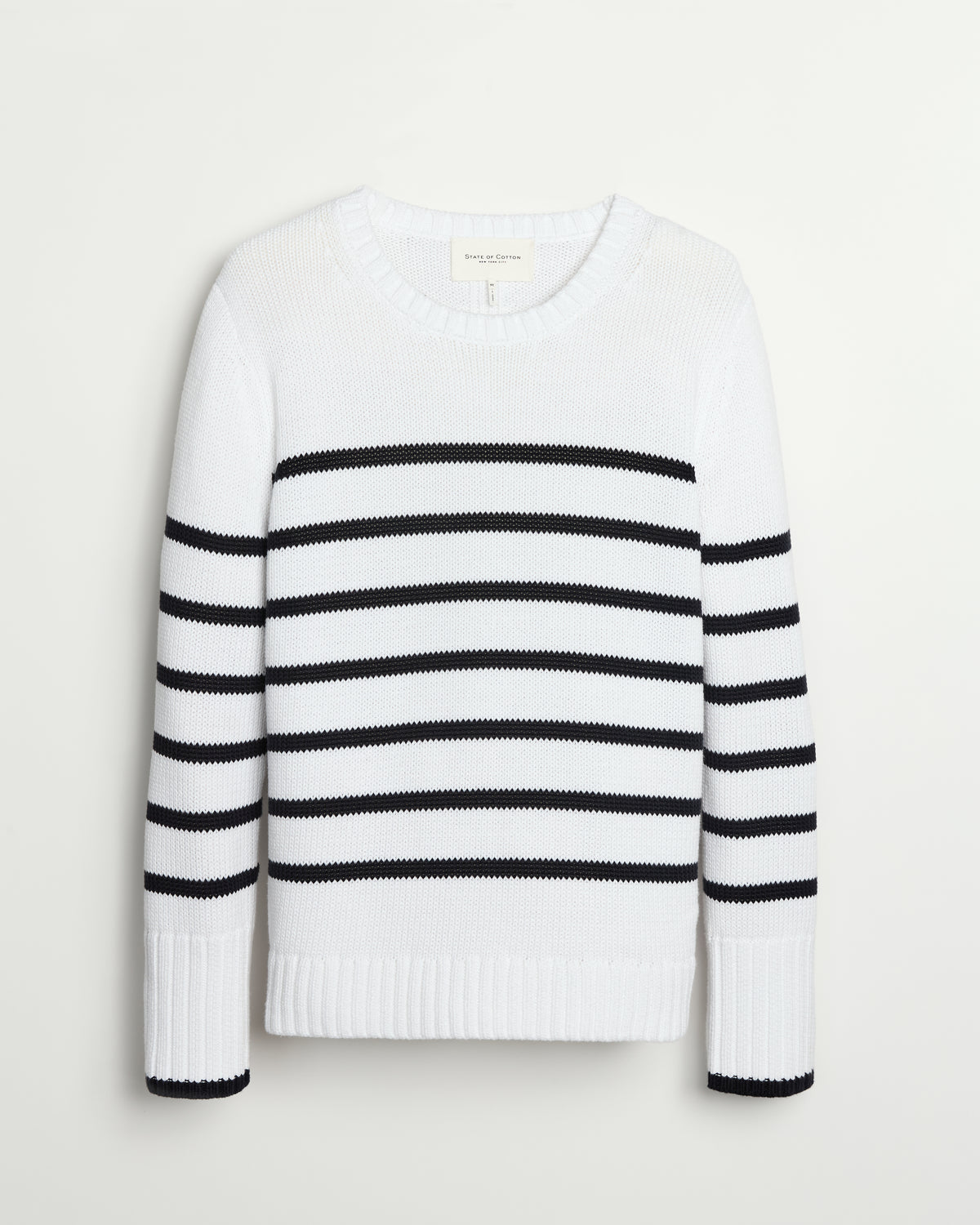 The Addison Stripe Cotton Crewneck Sweater in white and navy, front view — State of Cotton NYC