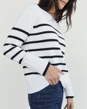 The Addison Stripe Cotton Crewneck Sweater in white and navy, styled view — State of Cotton NYC