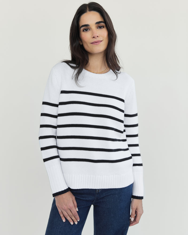 The Addison Stripe Cotton Crewneck Sweater in white and navy — Turkish cotton, Italian-spun — State of Cotton NYC