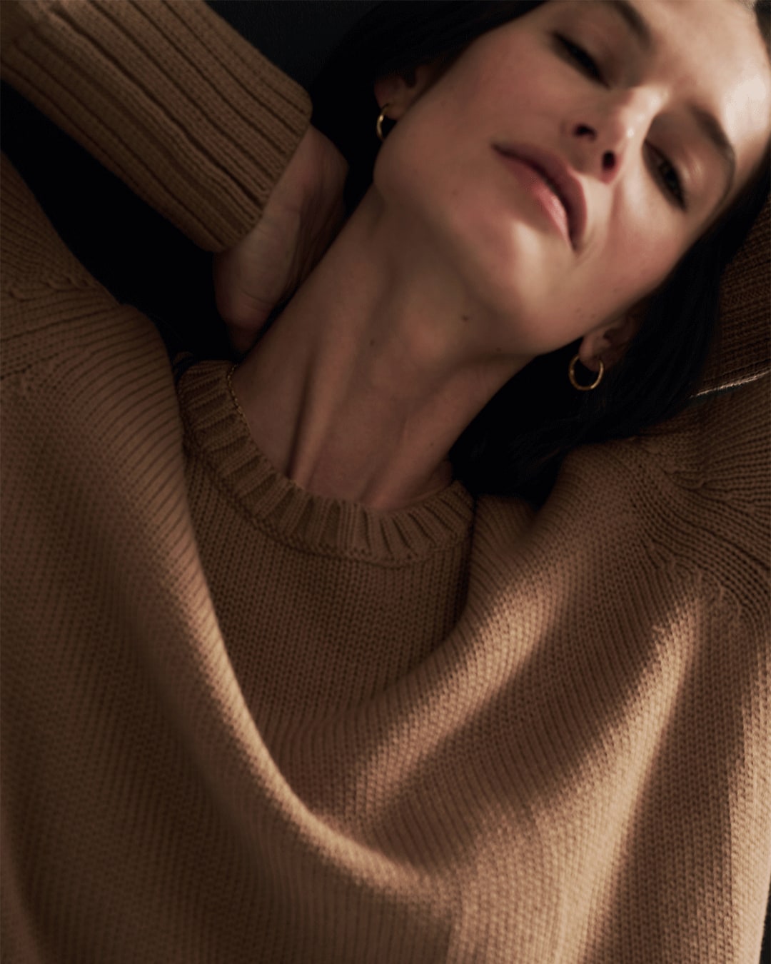 The Addison Cotton Crewneck Sweater in toffee, lifestyle view — State of Cotton NYC