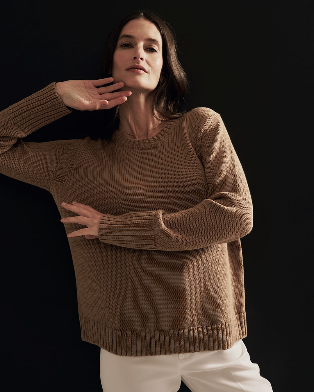 The Addison Cotton Crewneck Sweater in toffee, lifestyle view — State of Cotton NYC