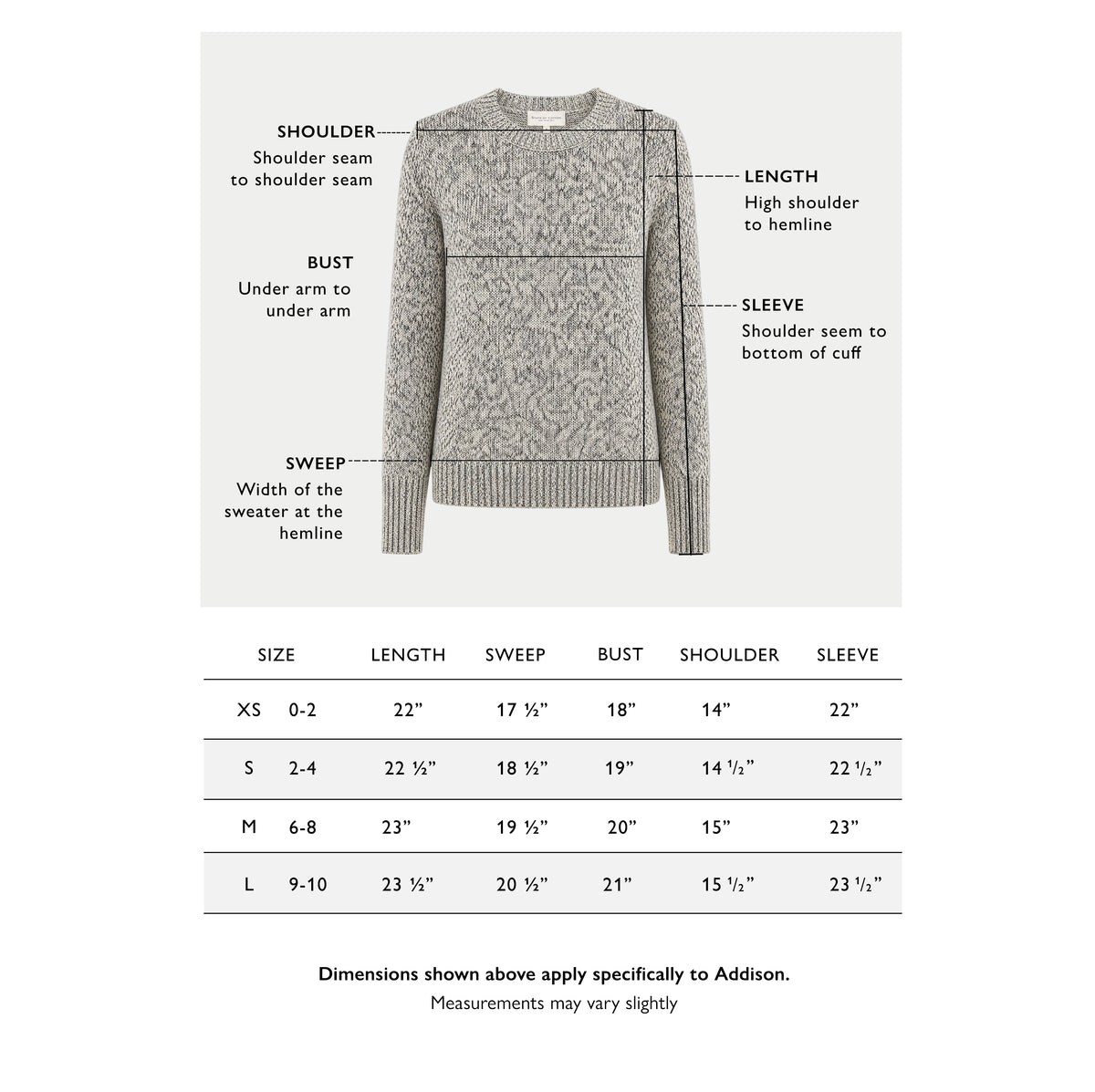 The Addison Mélange Crewneck size chart — garment measurements for XS, S, M and L