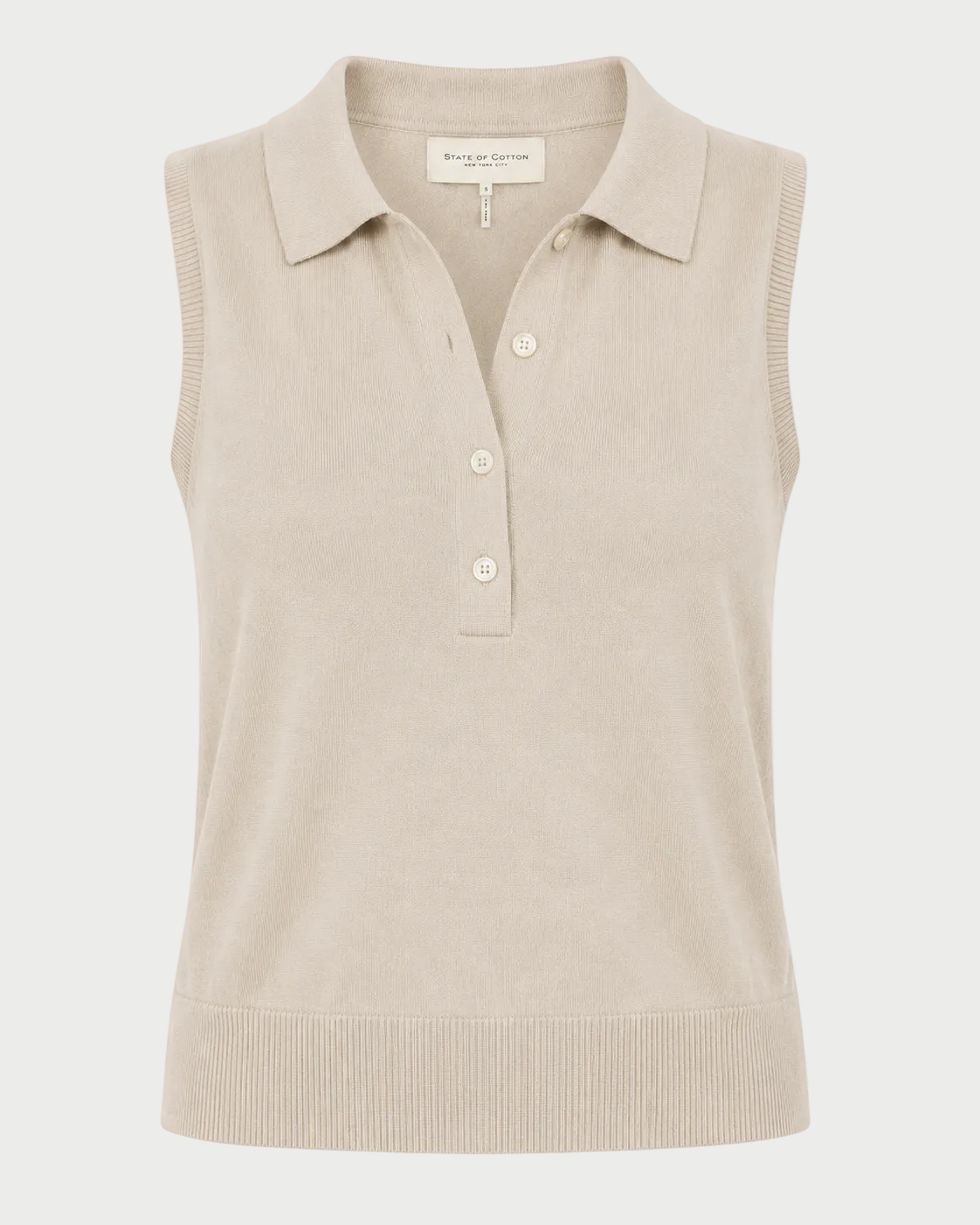 Stone sleeveless knitted polo shirt on a white background