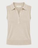 Beige sleeveless knitted polo shirt on a white background
