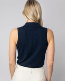 The Ainsley Sleeveless Cotton Polo in navy, back view — State of Cotton NYC