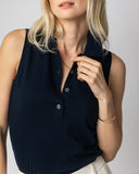 Detail shot of The Ainsley Sleeveless Cotton Polo in navy — Egyptian cotton, Italian-spun