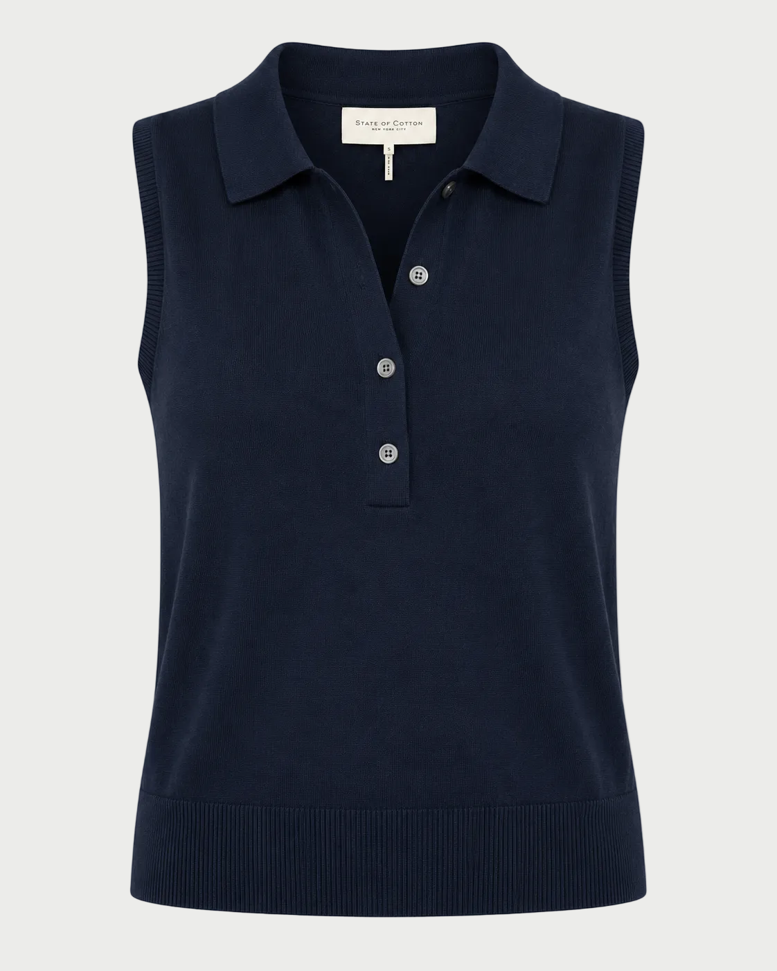 Navy sleeveless sweater vest on a white background