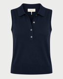 Navy sleeveless sweater vest on a white background