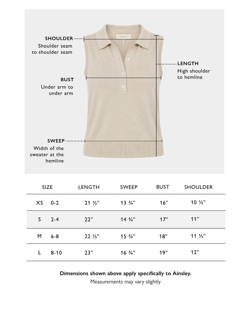 Size chart for The Ainsley Sleeveless Cotton Polo — State of Cotton NYC