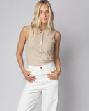 Woman wearing The Ainsley Sleeveless Cotton Polo, styled — State of Cotton NYC