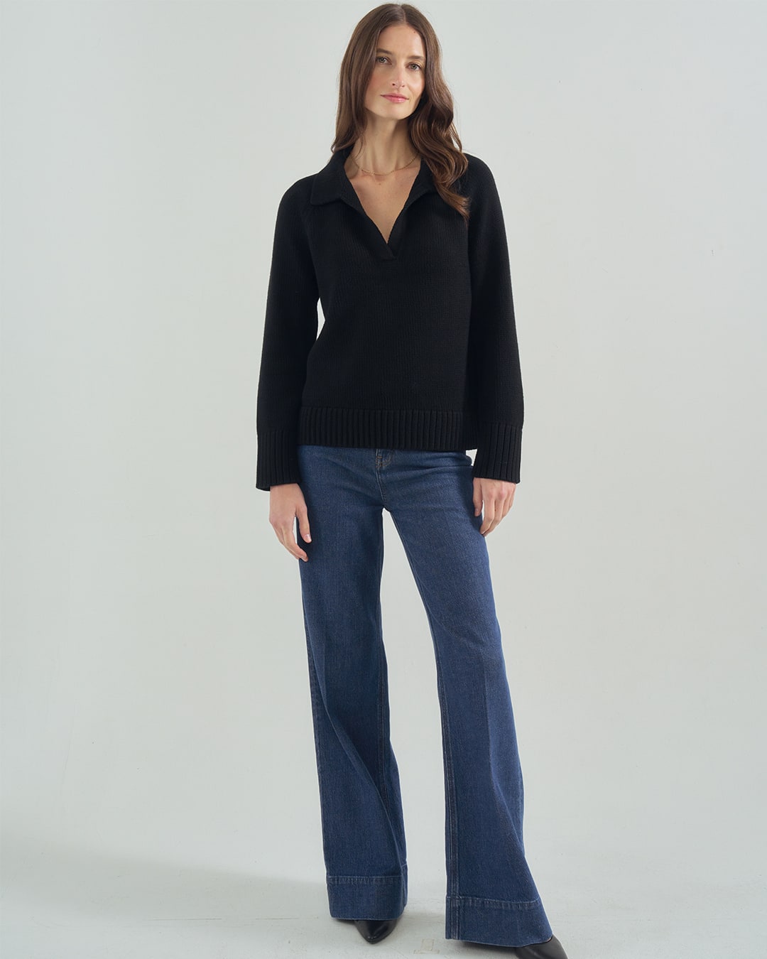 The Avery Cotton Polo Sweater in black, front view — State of Cotton NYC