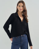 The Avery Cotton Polo Sweater in black, styled view — State of Cotton NYC
