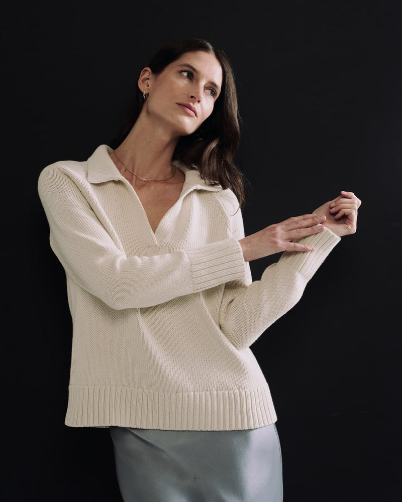 The Avery Cotton Polo Sweater in ivory, alternate view — State of Cotton NYC