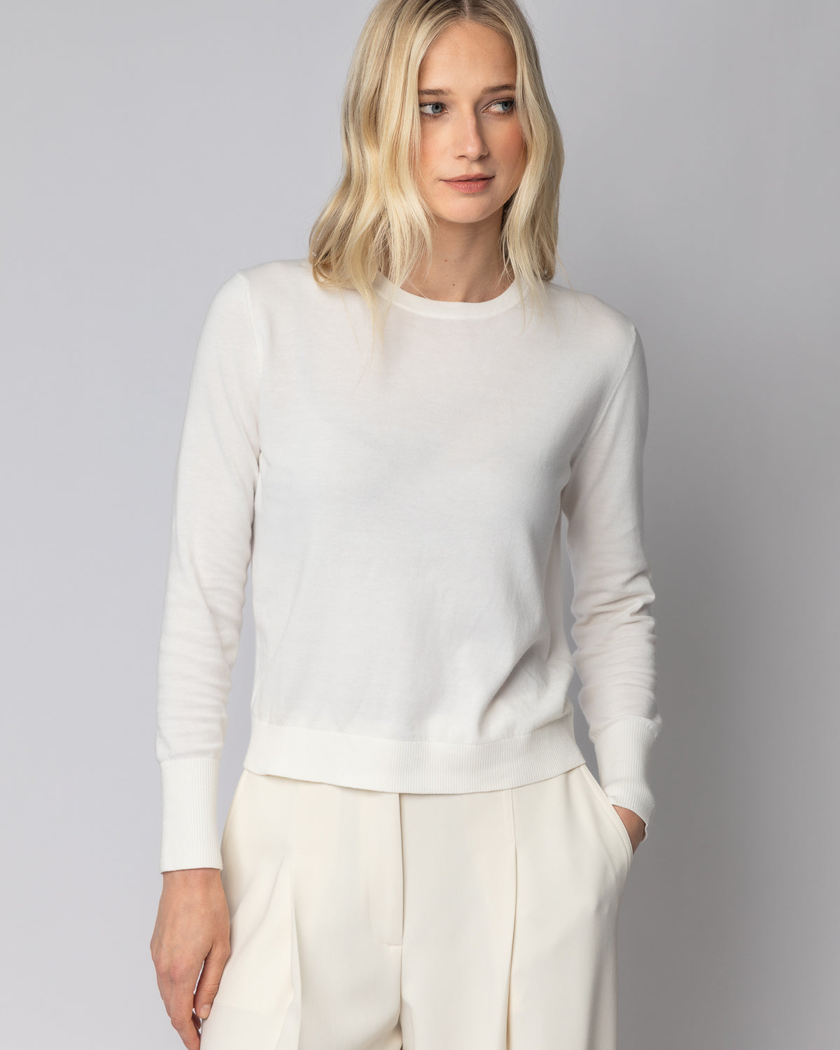 The Baldwin Superfine Cotton Sweater in cream, front view — State of Cotton NYC