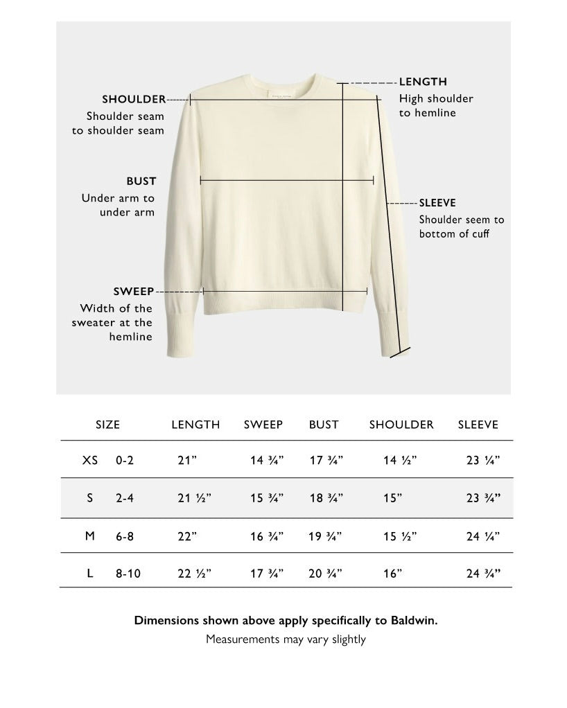 Size chart for The Baldwin Cotton Sweater — State of Cotton NYC