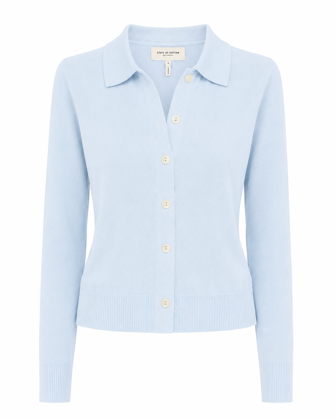 The Halsey Cotton Polo Sweater in pale blue, flat lay — State of Cotton NYC