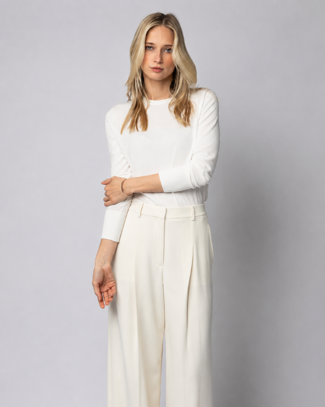 The Baldwin Cotton Sweater in cream, styled view — State of Cotton NYC